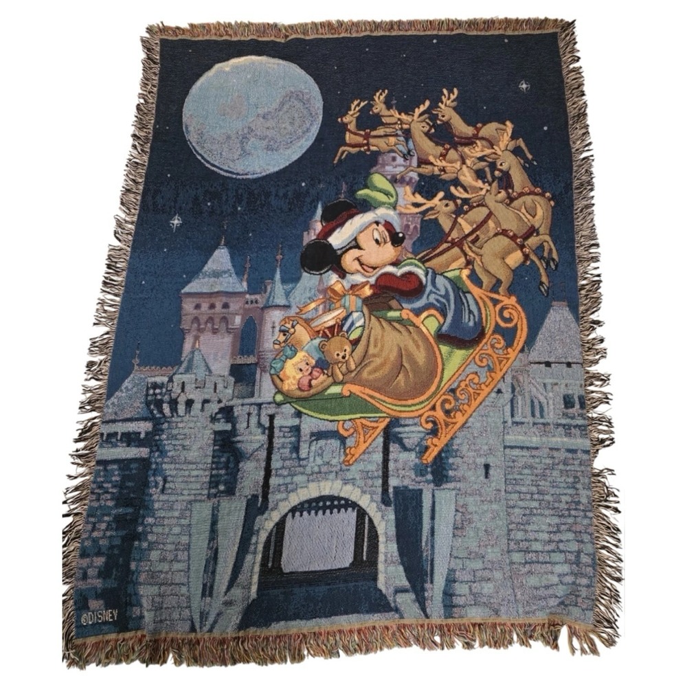 Vintage Disney Christmas Woven Tapestry Throw‎ Mickey Santa Castle Blanket
